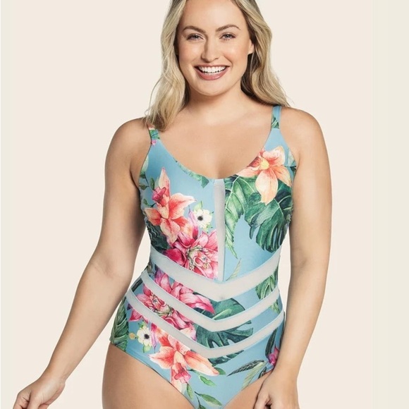 Leonisa Eco Friendly Slimming One Piece Swimsuit with Tulle Cutouts - Picture 1 of 7